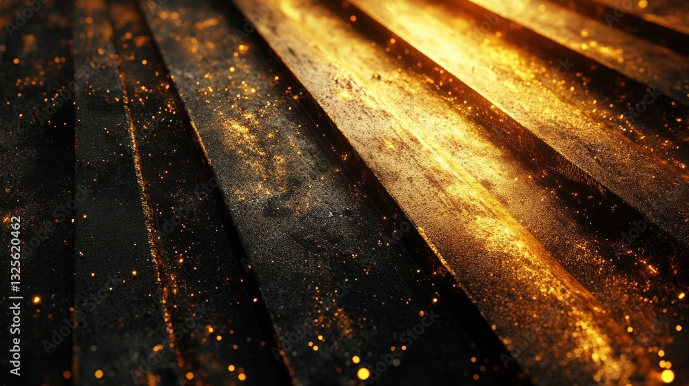 Poster metallic beams with a golden glow in the dark. the textures have a dark background with golden effec