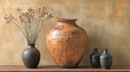 Earthy Still Life Featuring Brown Ceramic Vases and Dried Floral Arrangement Rustic Home Decor