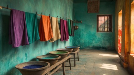 Vibrant Fabrics Hanging in a Colorful Workshop Surrounded by Jars of Pigments Under Soft Natural Light in an Artistic Textile Studio