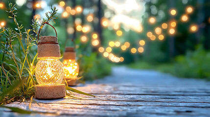 Enchanting evening stroll through a forest path adorned with fairy lights nature photography serene setting close-up view magical atmosphere