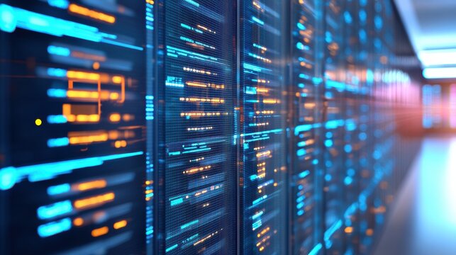 Blue and Orange Glowing Lines of Data on Servers in a Modern Data Center - Powered by Adobe