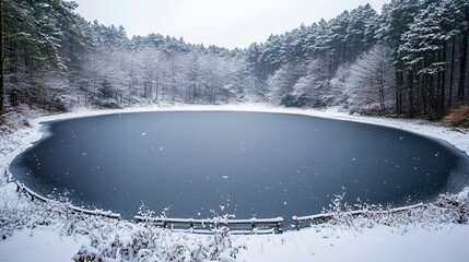 Frozen lake surrounded by snowy trees during winter in the forest