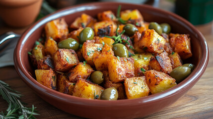 Delicious roasted potatoes with herbs and olives a perfect dish eat food meal spicy tasty yummy brown