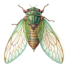 Exquisite Watercolor Painting of a Green Cicada with Detailed Wings and Body