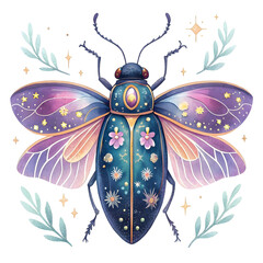 Magical Celestial Beetle with Purple Wings, Floral Design, Fantasy Art Illustration