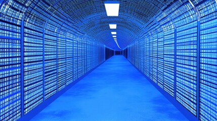 Blue Illuminated Server Room Corridor, Futuristic Data Center Interior