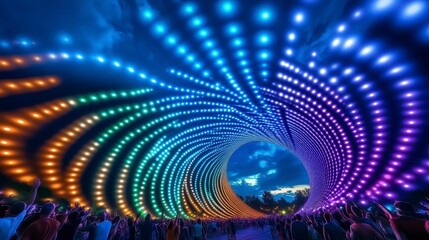 Vibrant Light Tunnel with Colorful LED Patterns and Crowd Gathering