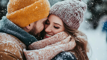 Romantic couple embracing in a snowy winter setting, sharing love and warmth. Perfect for a winter proposal in the snow.