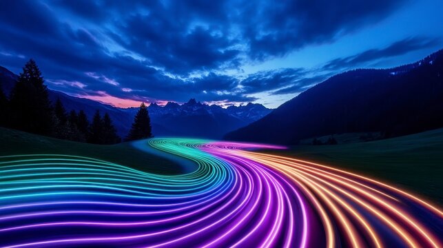 Vibrant Neon Light Trails Under Dramatic Mountain Landscape