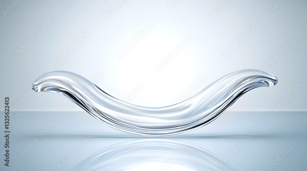 Poster a sleek, translucent glass sculpture resembling a wave, elegantly curves in a u-shape, its smooth su