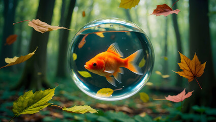 Golden fish in a glass sphere amidst autumn leaves