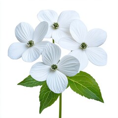 Obraz premium Closeup of Four Pure White Dogwood Blossoms with Green Leaves on White Background