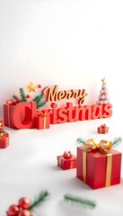The image is a 3D rendering of the words "Merry Christmas" written in red capital letters. The letters are arranged in a way that they form the word "Christmas" in a festive font. The background is wh