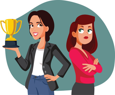 Envious Woman Looking at a Colleague with a Trophy Vector Illustration. Sore loser having feeling of envy and jealousy because being competitive