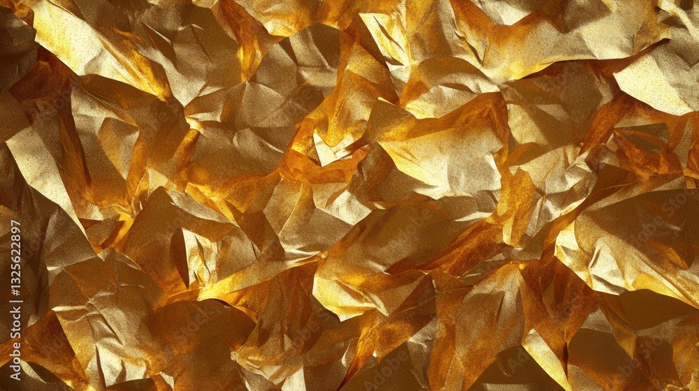 Poster close-up shot of crumpled golden paper creating a textured background