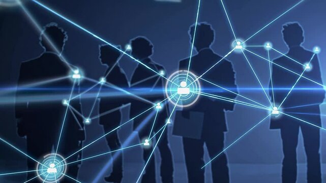 A Group of Diverse Business Professionals Silhouetted Against a Digital Network Visualization, Representing Collaboration and Connectivity in Modern Workspaces