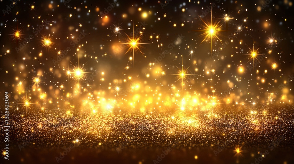 Poster a shimmering display of golden particles with a sparkling effect, creating a magical and festive atm
