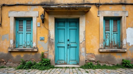 Fototapeta premium A weathered ochre facade with teal shutters and a matching door, nestled amongst verdant groundcover on a stone path