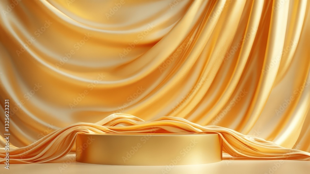 Poster a golden podium and a golden drape, creating a luxurious background to showcase product