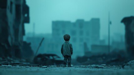 Fototapeta premium Lonely Child Standing in a Devastated Urban Landscape Surrounded by Ruins and Debris Under a Gloomy Blue Atmosphere