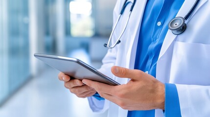 Doctor Wearing White Coat Using Tablet for Patient Care Management