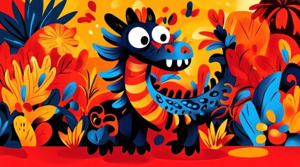 Naklejka premium A Friendly Cartoon Dragon Standing Among Colorful Vibrant Foliage