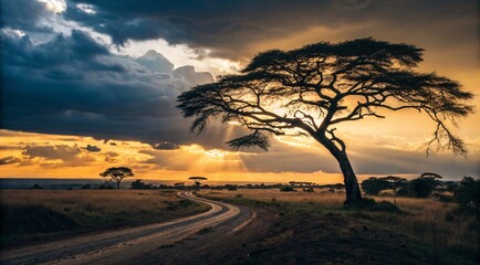 Obraz premium Majestic Acacia Tree at Sunset on African Savanna with Dramatic Sky V1