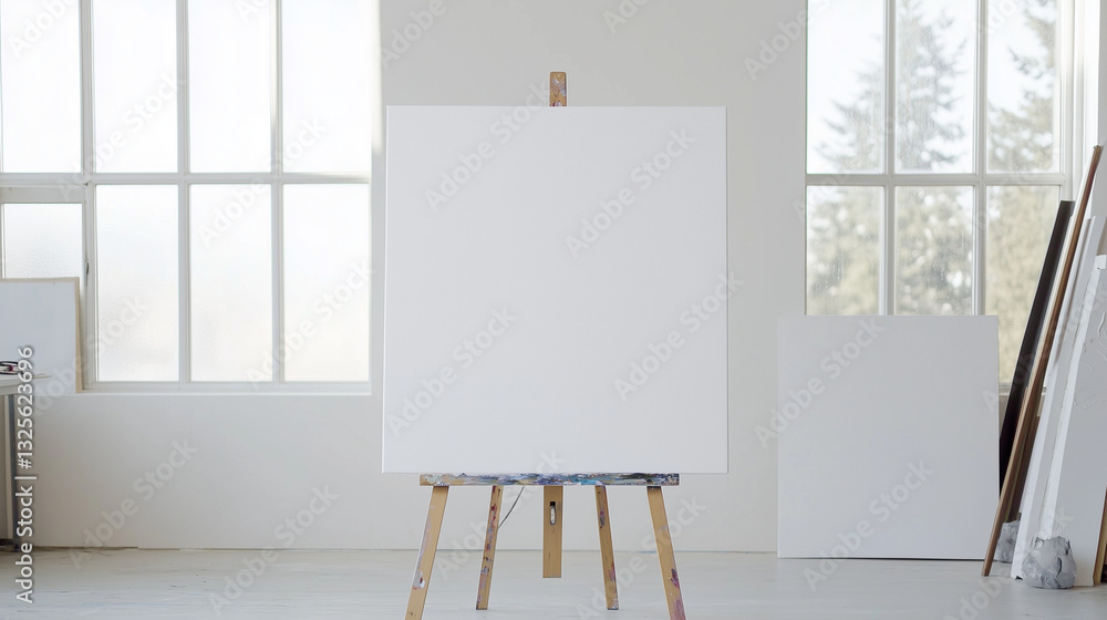 Poster blank canvas: an empty canvas on an easel stands ready for creativity in a bright studio space. perf