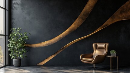 a stylish living room interior featuring a modern armchair, potted plant, and decorative wall