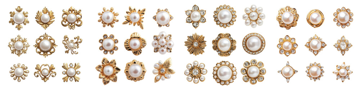 Stunning collection of vintage inspired brooches featuring an array of precious pearls shimmering crystals and intricate floral designs in gold and silver tones