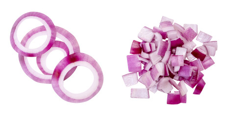 Top view set of fresh red or purple onion rings and slices in two stacks isolated in png file format