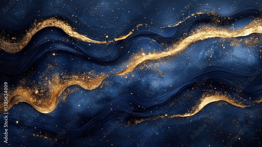 Poster abstract golden flowing lines on a deep blue background, representing an elegant and artistic design