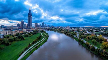 Obraz premium Panoramic view of a bustling city skyline with a river flowing through the heart of columbus ohio under clear blue sky