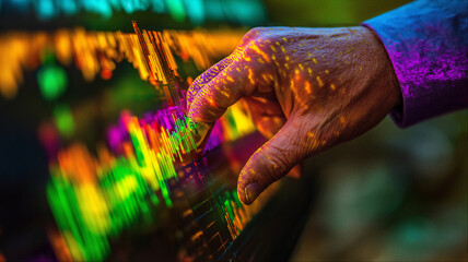 Hand analyzing multicolored financial data visualization interface, digital trading market technology with interactive colorful dashboard display