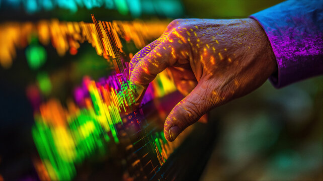 Hand analyzing multicolored financial data visualization interface, digital trading market technology with interactive colorful dashboard display
