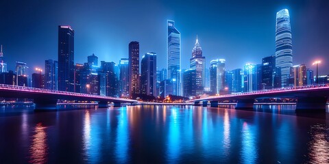 Night City Skyline with Blue Lights and Water Reflections