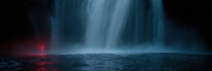 Dramatic waterfall with mist effect, deep blue water reflecting light, illuminated by red glow, against black background.