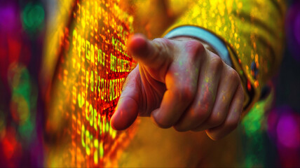 Hand touching vibrant yellow financial data visualization display, interactive colorful market analysis technology concept
