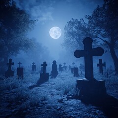 Eerie Moonlight Cemetery: A Nighttime Graveyard Scene