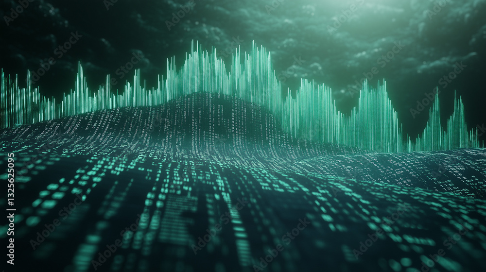 Aufkleber digital landscape: a futuristic digital landscape with abstract data waves and code.