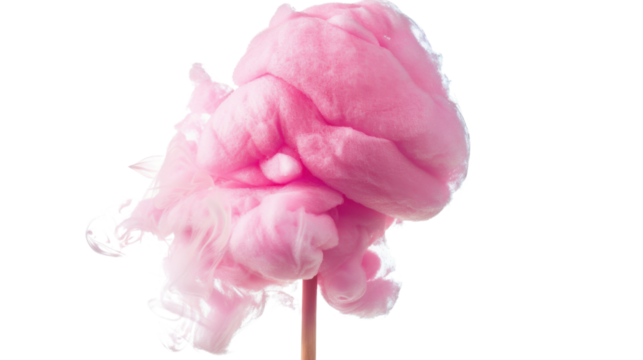 Pink cotton candy spinning on wooden stick with transparent background