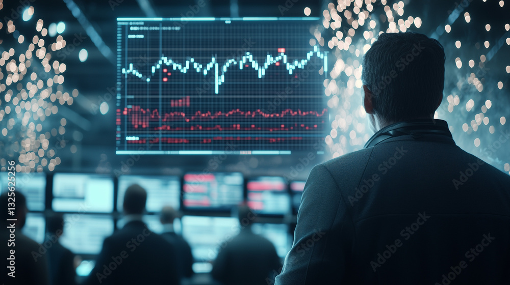 Poster market analysis: a team of analysts intently studies fluctuating stock graphs, immersed in data agai