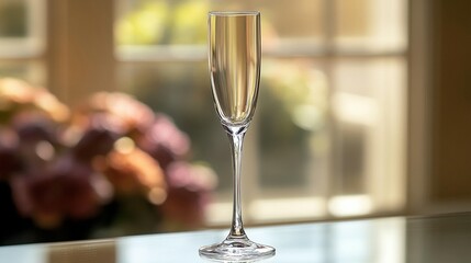 Empty champagne flute on glass table, soft background.