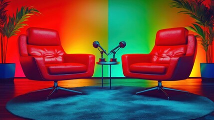 Two red armchairs with microphones positioned in studio space