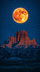 Naklejka premium Majestic Orange Moon Over Red Rock Landscape at Night Sky
