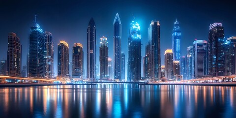 Night City Skyline with Illuminated Skyscrapers and Water Reflections
