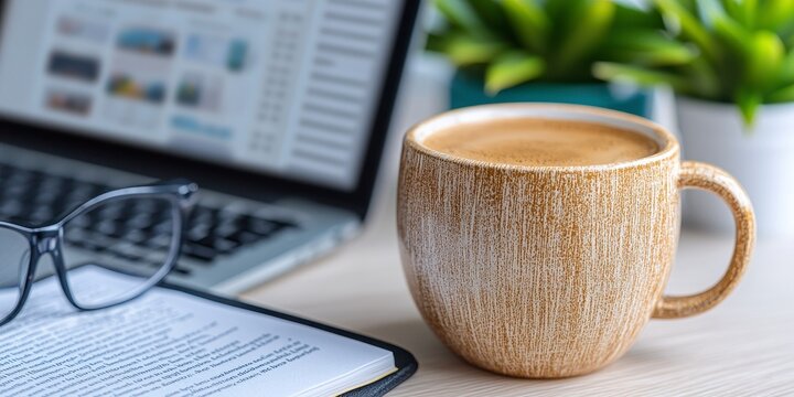 Inviting workspace scene with a coffee cup and laptop on a desk encouraging productivity and relaxation
