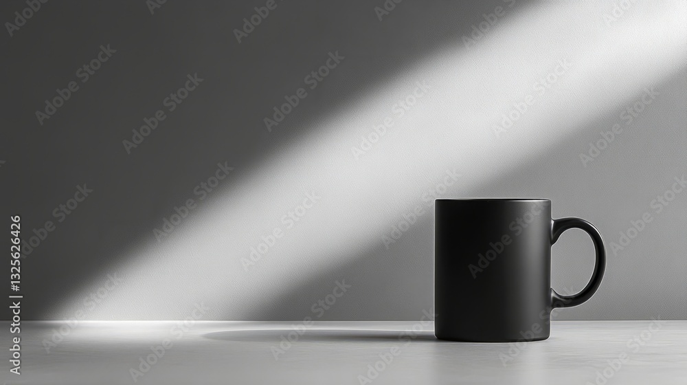 Poster an empty black mug on a plain, light grey table, with a minimalistic backdrop and soft shadows highl