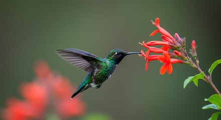 Fototapeta premium 鮮やかな赤花に吸蜜する緑色ハチドリ 柔らかな自然光. AI Generated