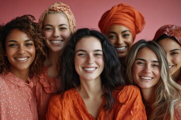 Obraz premium A diverse group of happy women dressed in orange tones smiling together